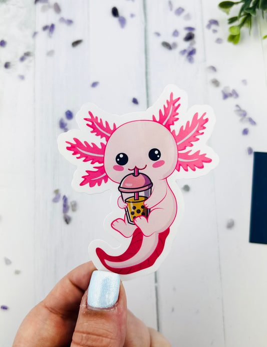 Cute Handmade Pink Axolotl with Boba drink Laminated High Gloss Sticker. Sticker is waterproof and weatherproof.