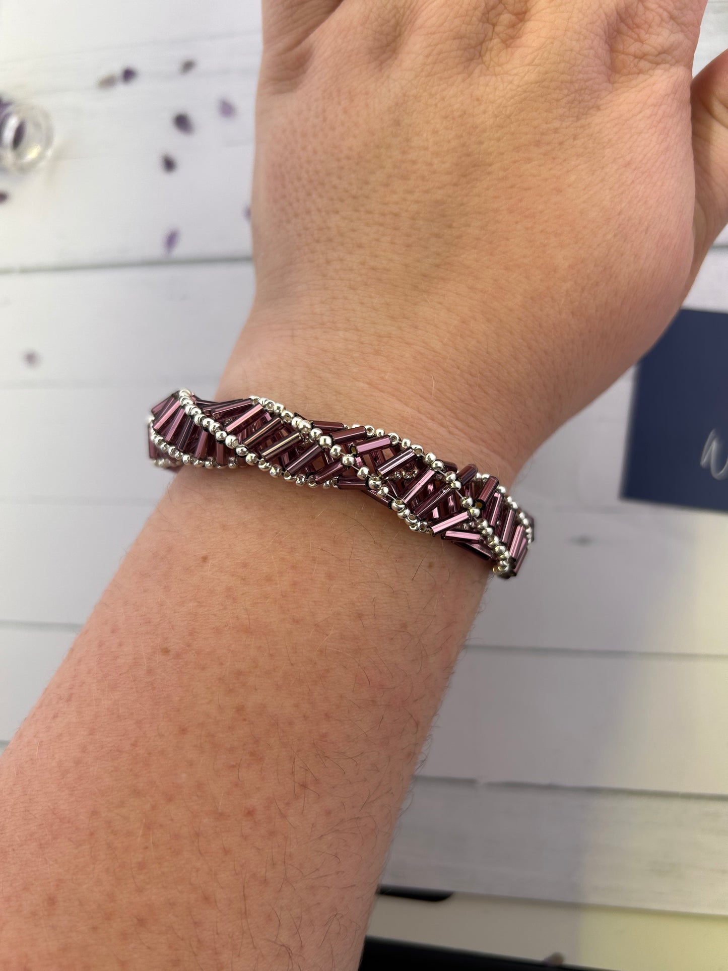 Handmade Spiral Purple Glass Beaded Statement Bracelet with Silver Glass Accent Beads and Stainless Steel Toggle Clasp.