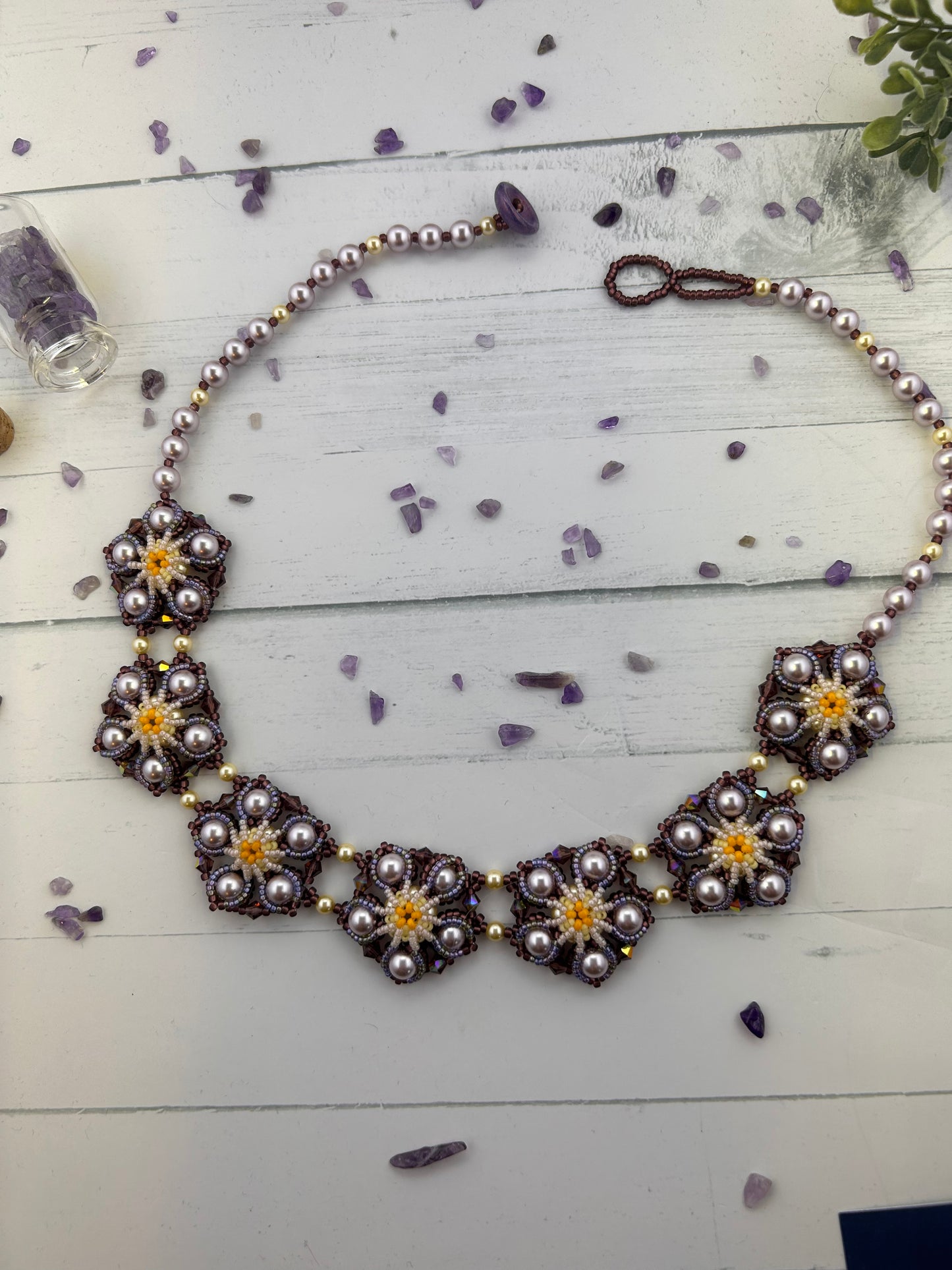 Handmade Beaded “Winnie Glass Pearl” Floral Necklace with Purple, Lilac, Yellow Beads
