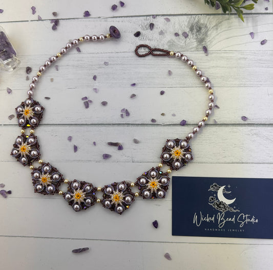 Handmade Beaded “Winnie Glass Pearl” Floral Necklace with Purple, Lilac, Yellow Beads