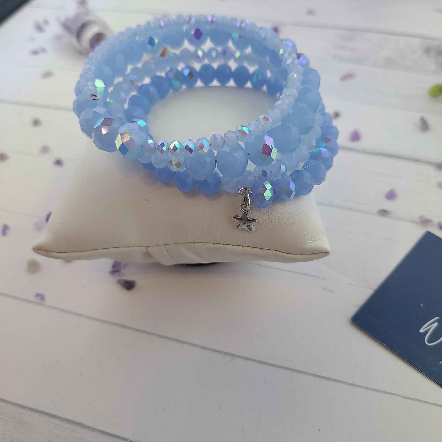 Handmade Glass Beaded Memory Wire Bracelet with Small Silver Star charm. "Aurora Borealis" Bracelet