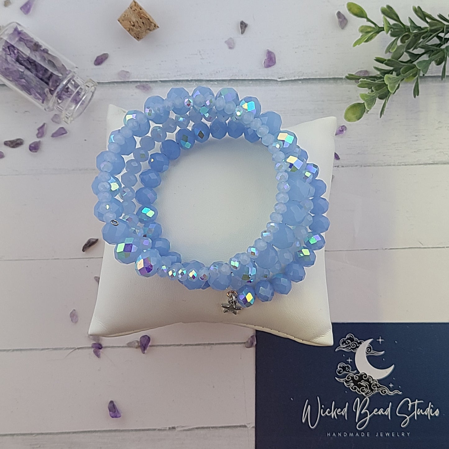 Handmade Glass Beaded Memory Wire Bracelet with Small Silver Star charm. "Aurora Borealis" Bracelet