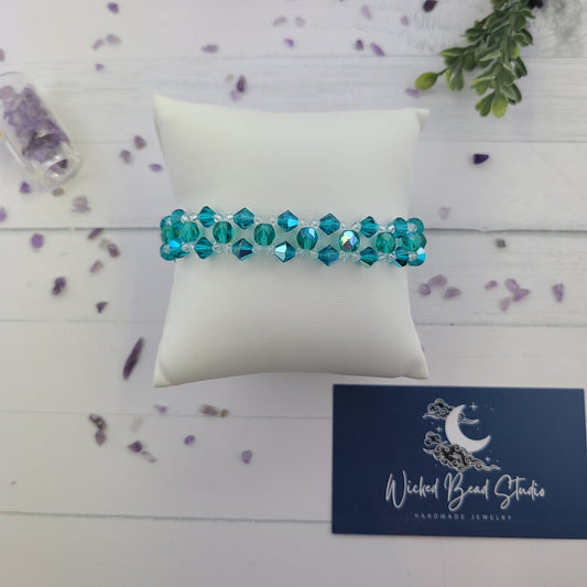Handmade Aqua Blue Glass Beaded Statement Bracelet. Glass seed beads, Pearlescent Button Clasp