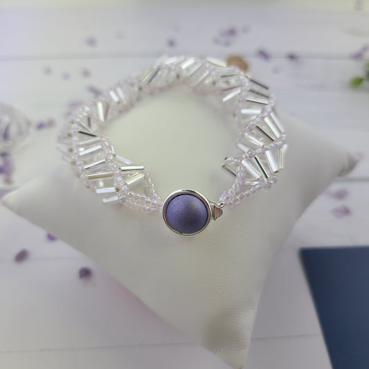 Purple Cabochon infinity clasp, Silver Glass Spiral Twist Beaded Bracelet. 