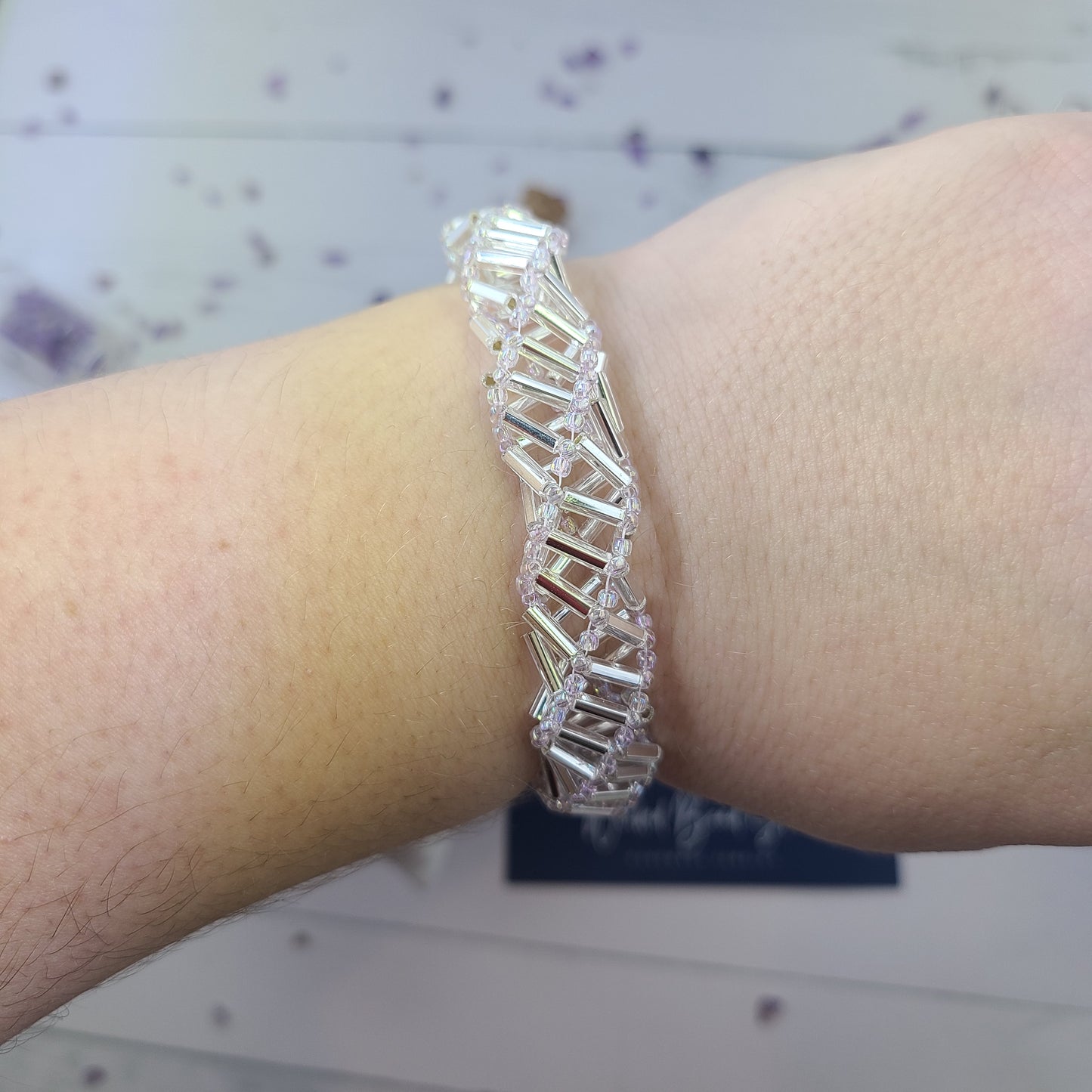 Handmade Spiral Silver Crystal Glass Beaded Statement Bracelet.