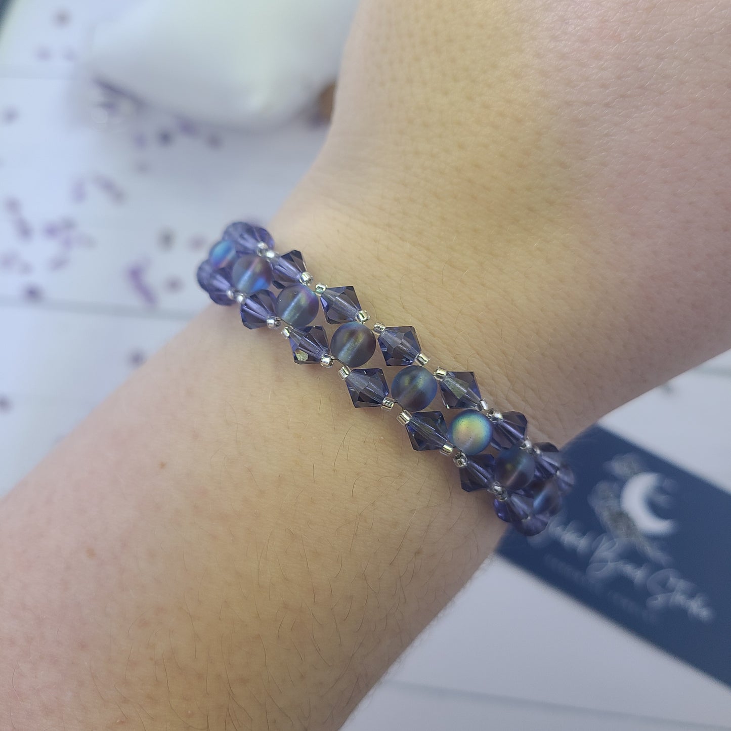 Handmade Purple Glass Crystal Beaded Statement Bracelet.