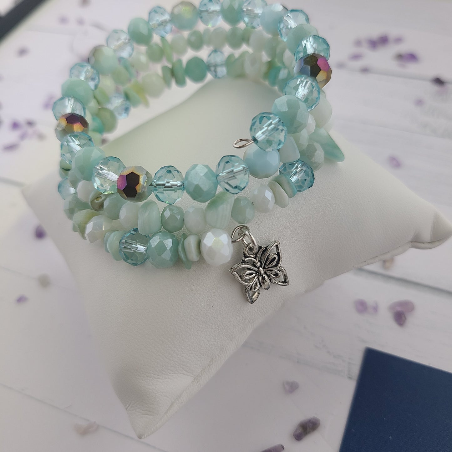 Handmade Teal, Aqua Blue Glass Memory Wire Wrap Beaded Bracelet with Silver Butterfly Charm.