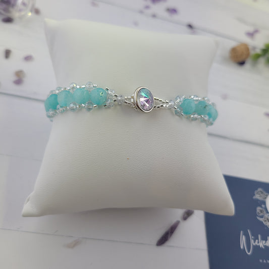 Handmade Amazonite Gemstone and Crystal Glass Beaded Statement Bracelet.