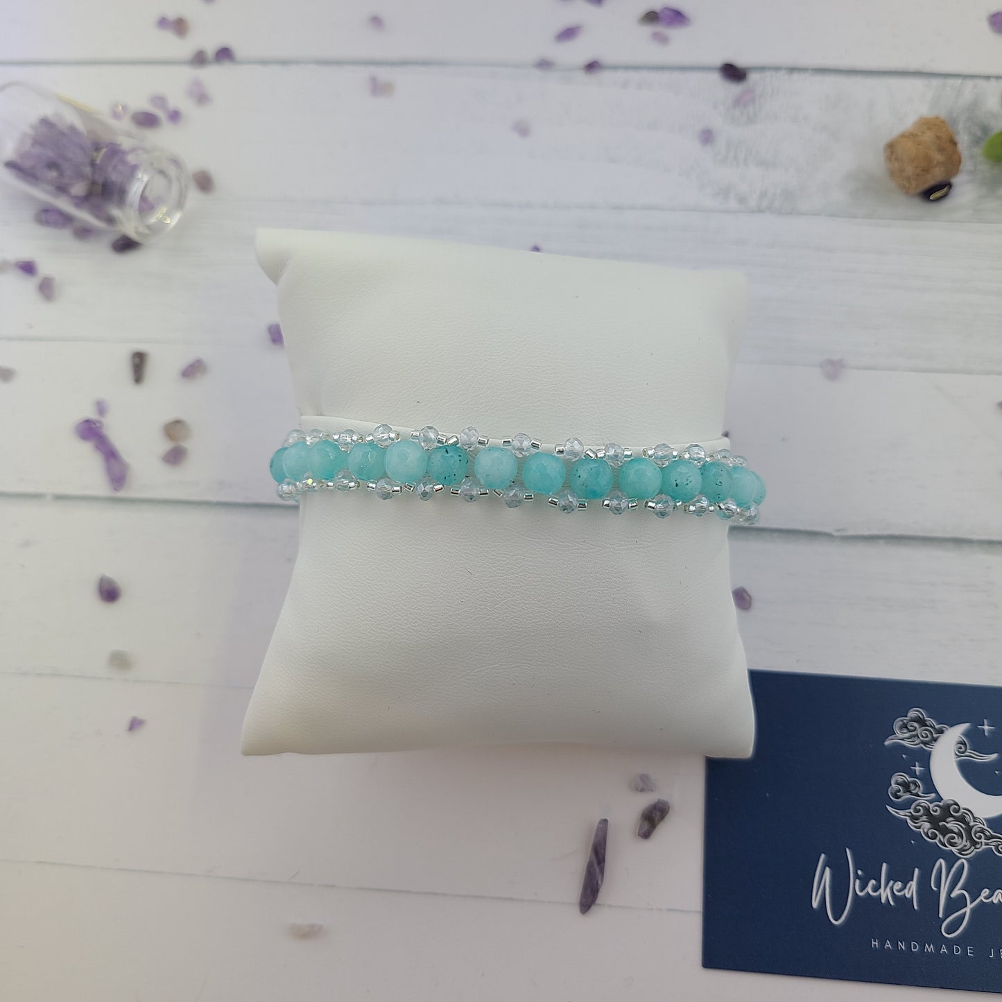Handmade Amazonite Gemstone and Crystal Glass Beaded Statement Bracelet.