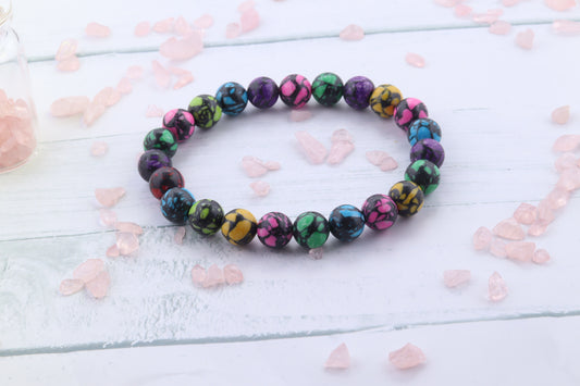 Handmade Rainbow, Multicolor Granite Beaded Stretch Bracelet. Semiprecious Gemstone beads.