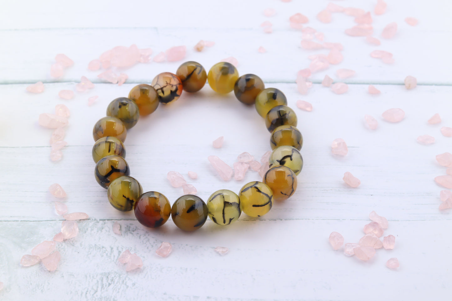 Handmade Dragon Agate Beaded Stretch Bracelet, Yellows and Browns, Neutral colors.