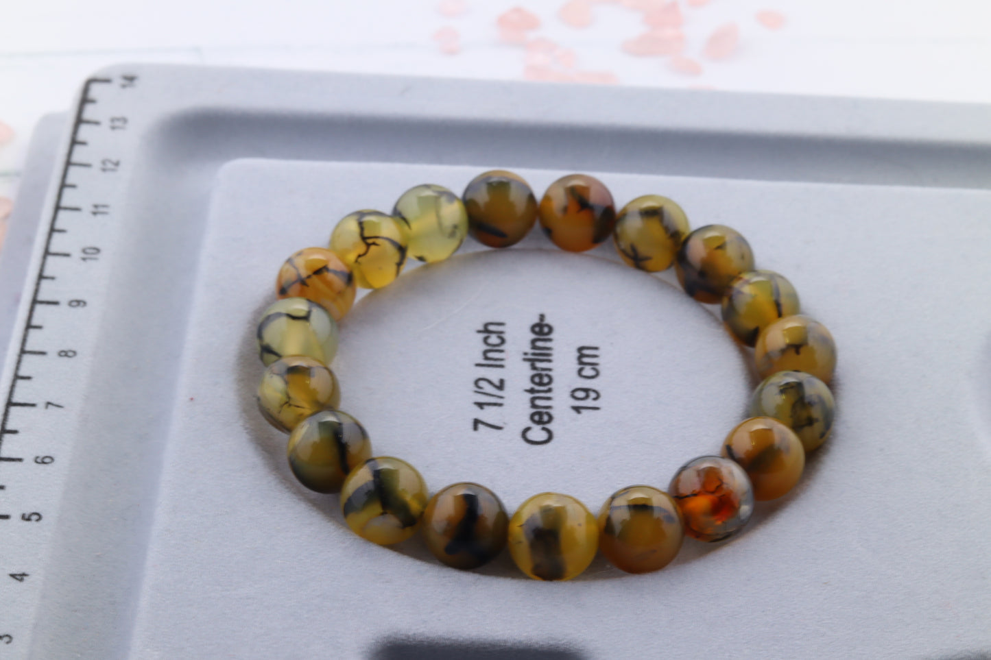 Handmade Dragon Agate Beaded Stretch Bracelet, Yellows and Browns, Neutral colors.