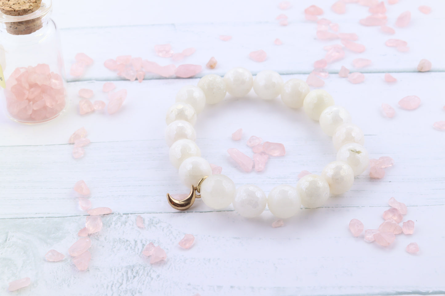 Handmade White Crackle Quartz Stretch Bracelet with Gold Plated Moon Charm.