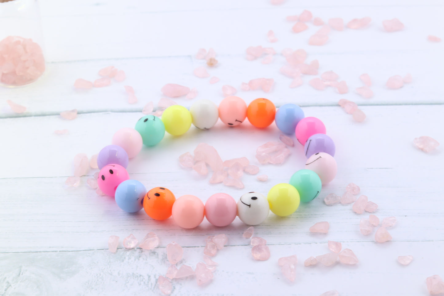 Handmade Pastel Acrylic Beaded Stretch Bracelet with Smiley Faces. Multi-Color Pastel, Fun Colored Beads.