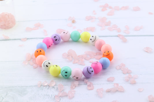 Handmade Pastel Acrylic Beaded Stretch Bracelet with Smiley Faces. Multi-Color Pastel, Fun Colored Beads.
