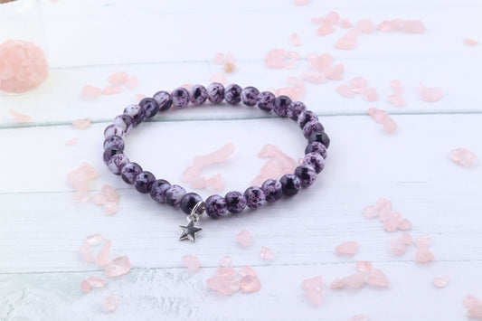 Handmade Purple and White Marbled Glass Beaded Stretch Bracelet with Silver Star Charm