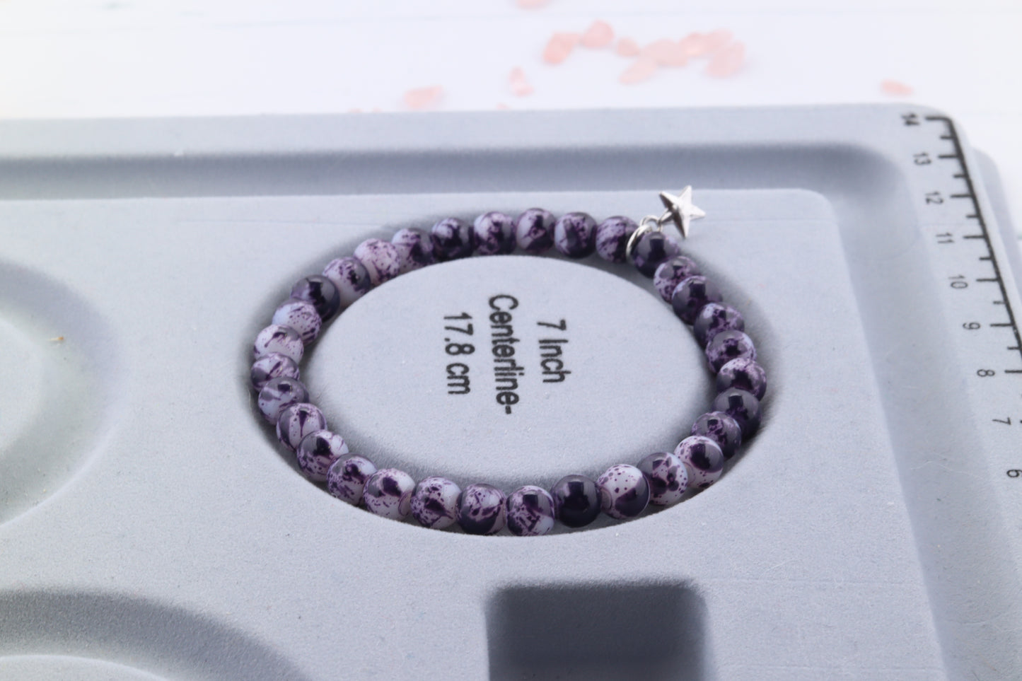 Handmade Purple and White Marbled Glass Beaded Stretch Bracelet with Silver Star Charm