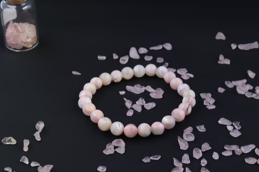 Handmade Pink Shell, Beaded Gemstone Stretch Bracelet. Shells are Pastel Pink with a sheen look.