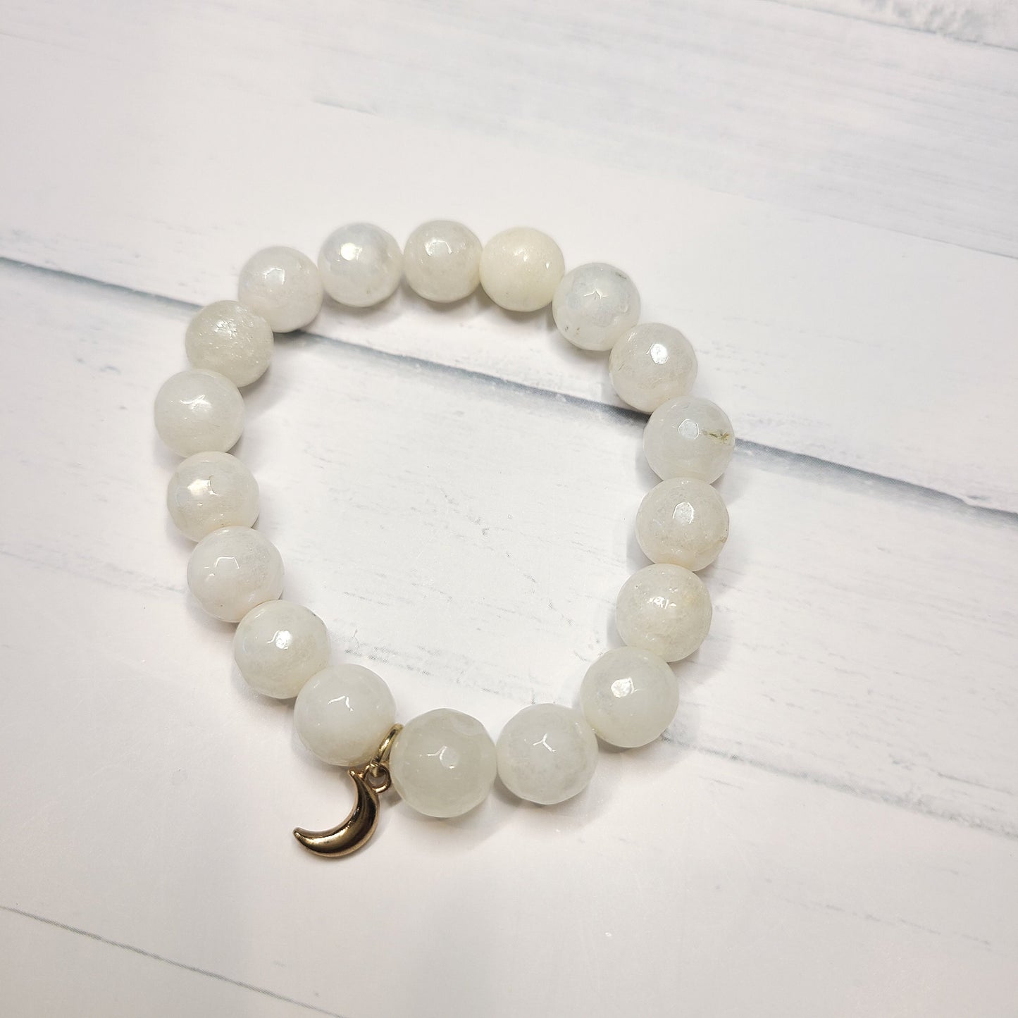 Handmade White Crackle Quartz Stretch Bracelet with Gold Plated Moon Charm.