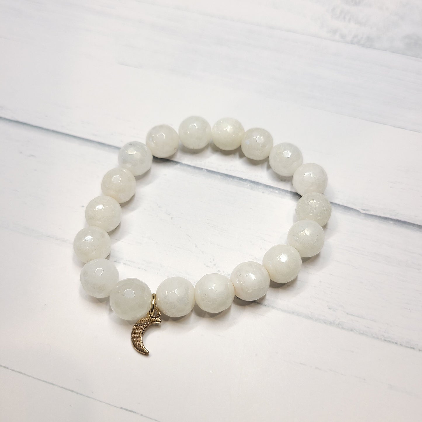 Handmade White Crackle Quartz Stretch Bracelet with Gold Plated Moon Charm.