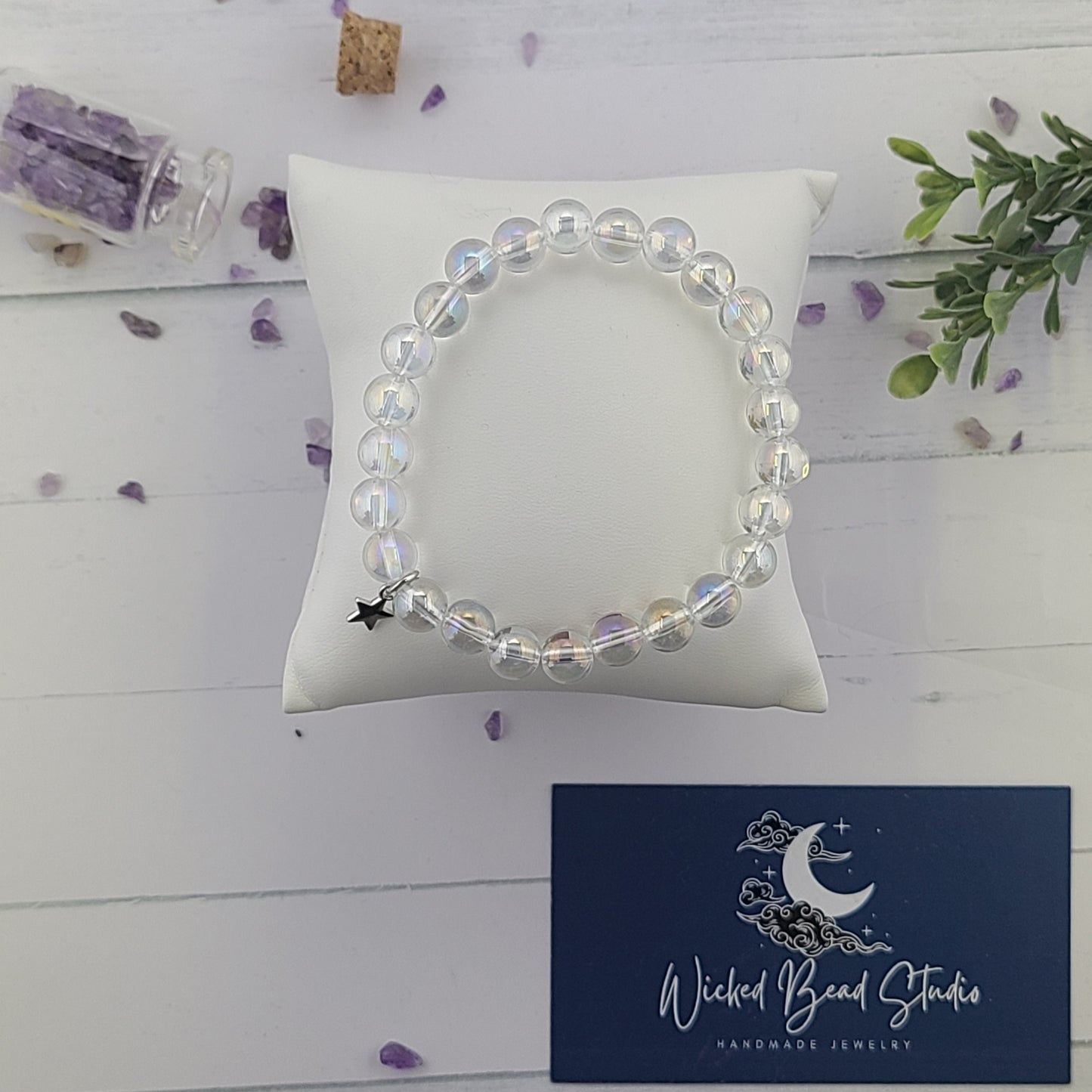 Handmade Gemstone, Angel Aura Quartz Crystal, Stretch Bracelet. Optional Silver Star Charm.