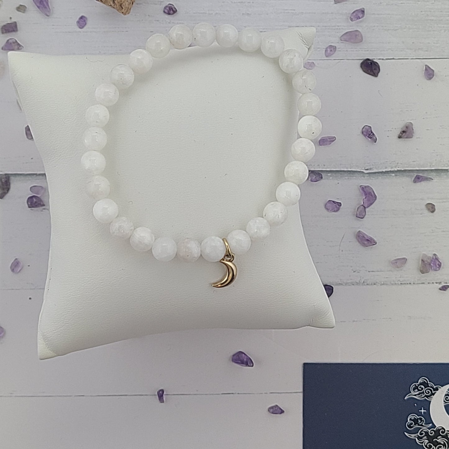 Handmade White Moonstone Beaded Gemstone Stretch Bracelet. Optional Gold Moon Charm.