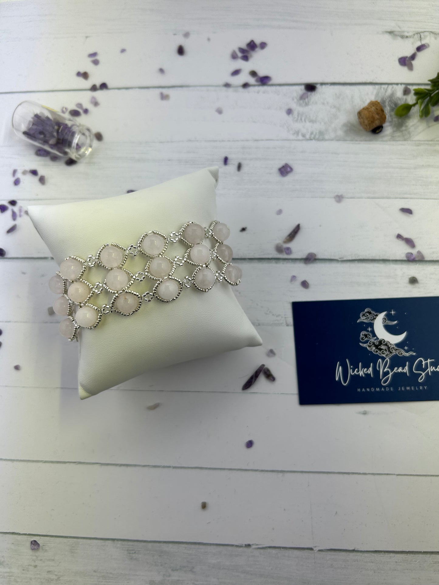 Handmade Rose Quartz Beaded Statement Bracelet. Glass beads and galvanized silver seed beads.
