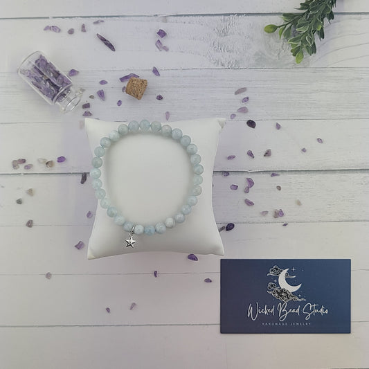 Handmade Aquamarine, Light Blue Beaded Gemstone Stretch Bracelet, Optional Silver Star Charm.