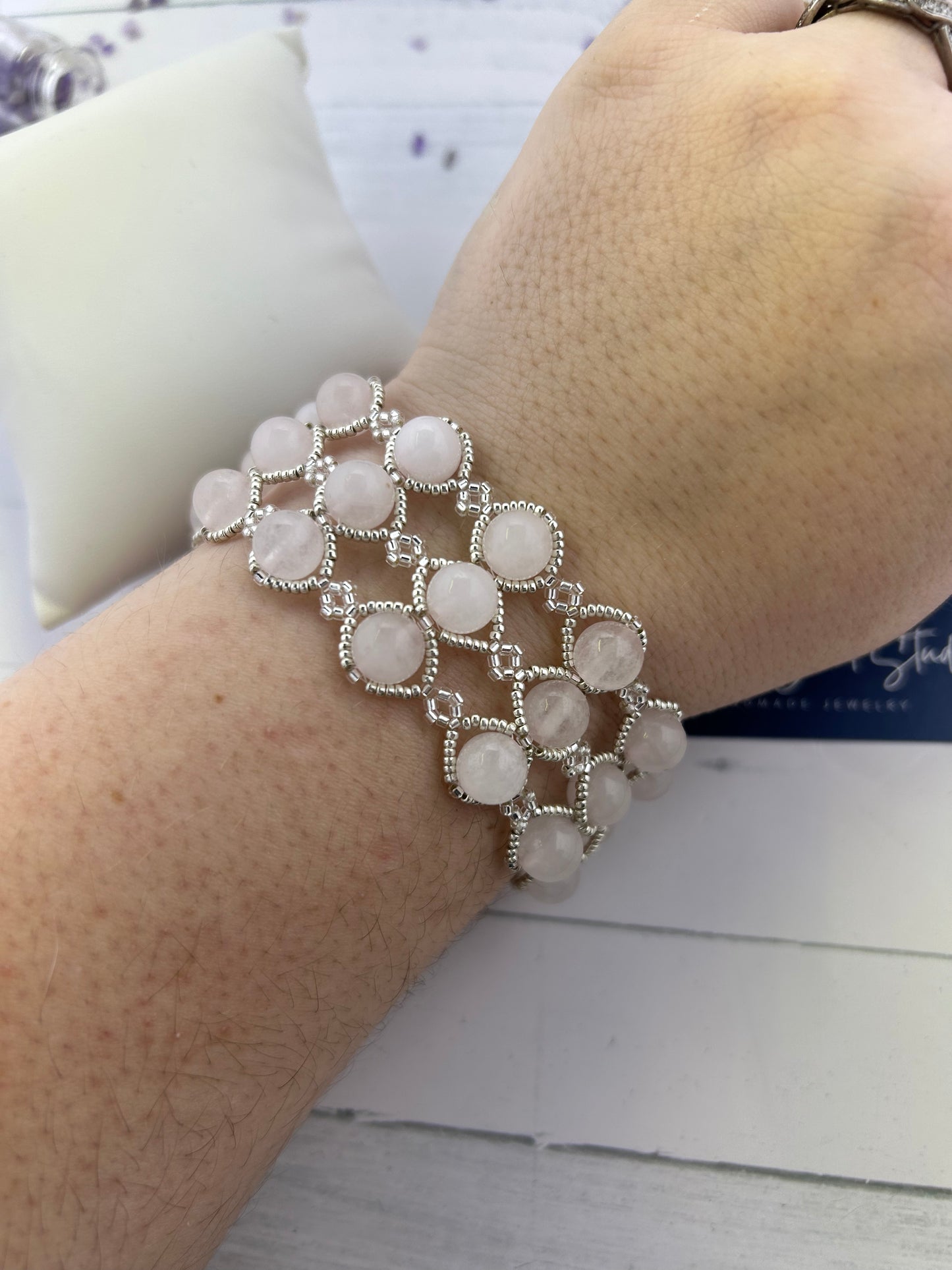 Handmade Rose Quartz Beaded Statement Bracelet. Glass beads and galvanized silver seed beads.