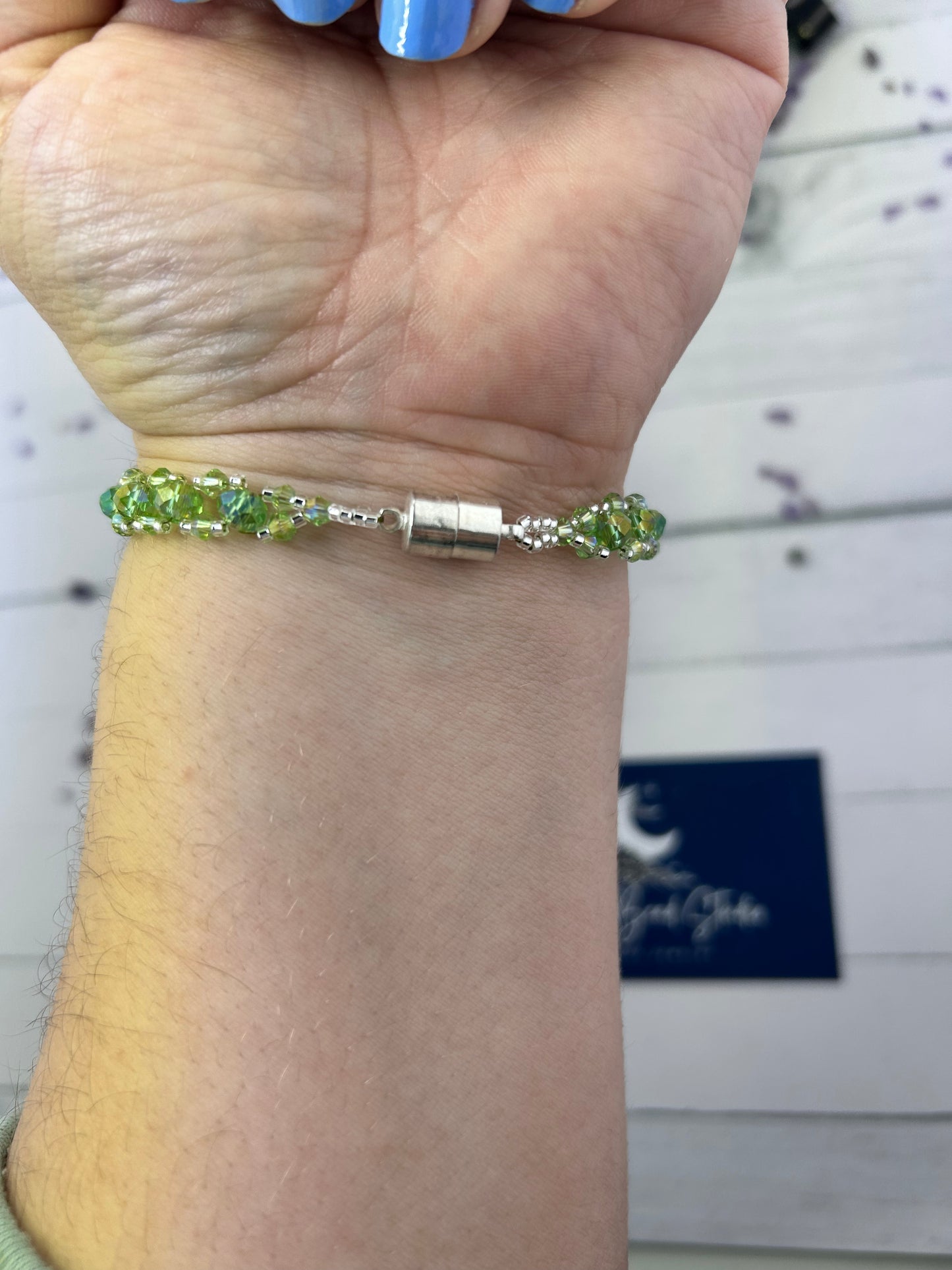 Handmade Light Green Crystal Glass Beaded Statement Bracelet with Metal Magnetic Clasp.