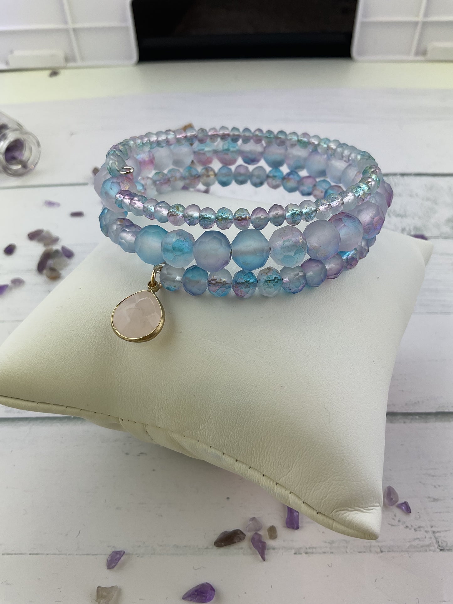 Handmade Beaded Memory Wire Wrap Bracelet with Glass Beads and a Rose Quartz Charm.