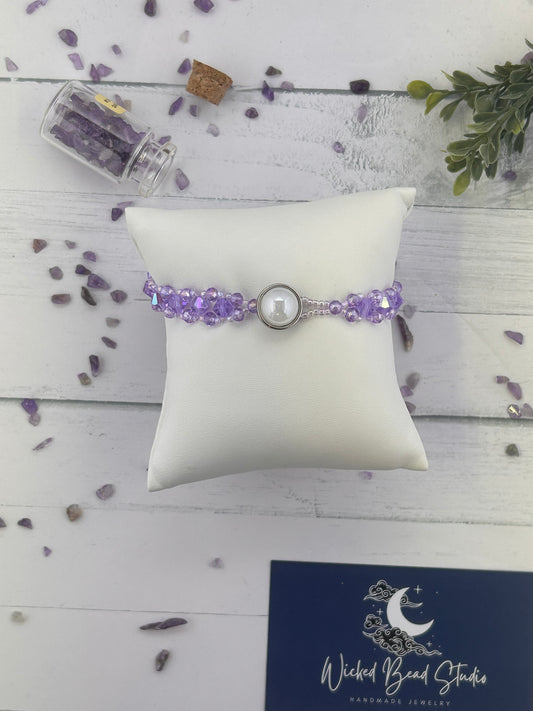 Handmade Purple Glass Crystal Beaded Statement Bracelet with Button Clasp.
