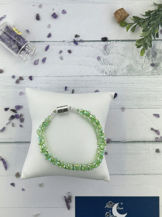 Handmade Light Green Crystal Glass Beaded Statement Bracelet with Metal Magnetic Clasp.